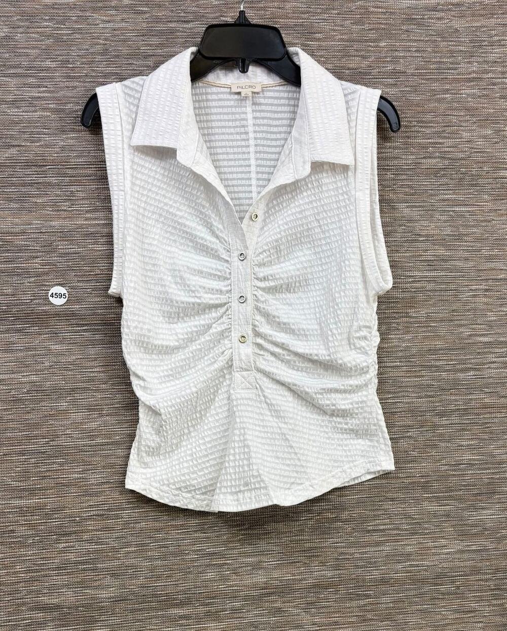 Pilcro Blouse Womens Size M White Textured Collared Button Ruched Sleeveless Top